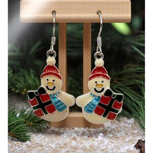 Snowman Christmas Gift Earrings Silver Tone Dangle Drop Enamel Winter